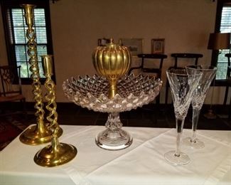 Large Brass Candlesticks, Waterford Crystal, 