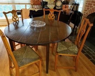 Gate Leg Table, 4 Chairs w/ Rush seats Chippendale style 