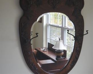 Antique Hall Mirror with Hooks for Hats