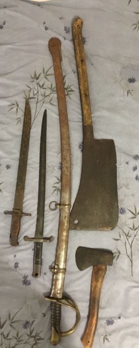Antique swords, bayonets, axe, etc.