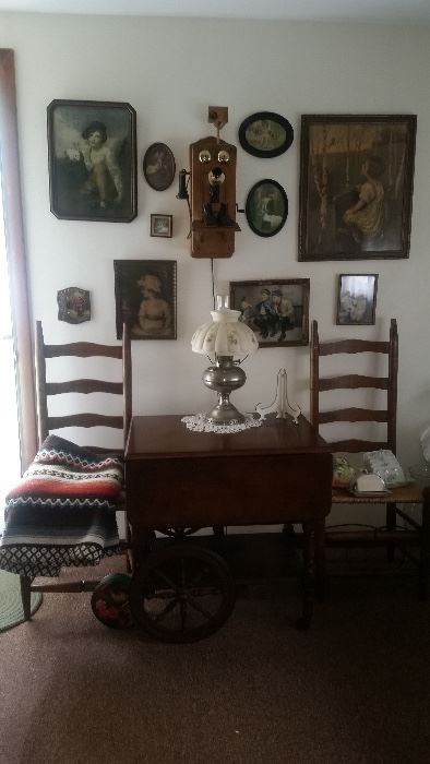 Tea cart, antique chairs, photos