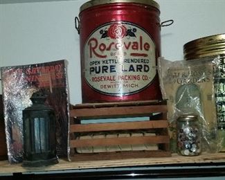 Vintage tins and wooden bucket