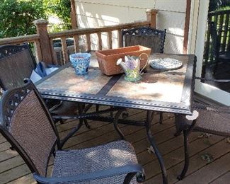 Alum/tile patio table, plus 4 chairs and cover