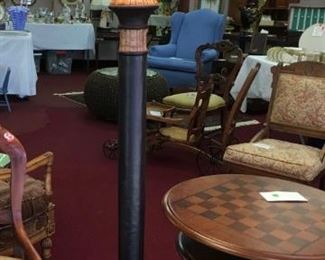 Floor lamp. Two-tier round wooden game table, 24"D.  [Table sold]