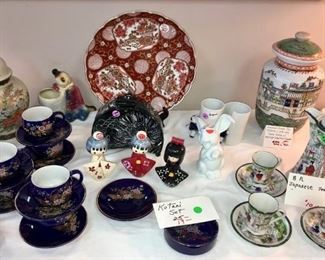 Kutani cups and saucers. Japanese tea service for three. Hongxian ginger jar, Chinese, c. 1915-16, rare scene of Beijing's Legation Quarter (rear right).