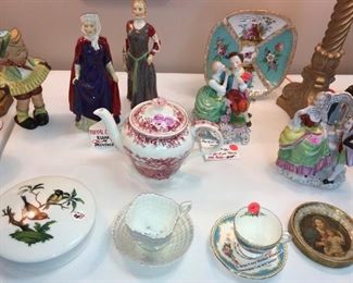 Limoges covered bowl. Herend man and woman. Alfred Meakin old teapot. Royal Doulton figurines including Eleanor of Provence