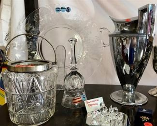 Swavorski miniature crystal animal figurines. Orchid pattern glass platter with handles from the 1940s.