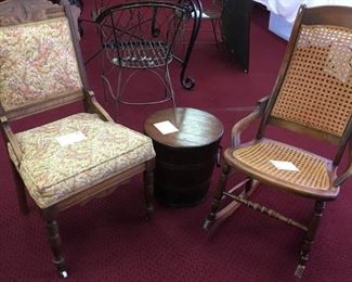 Eastlake style chair (left), cane rocker, old wooden barrel with fitted lid and handles