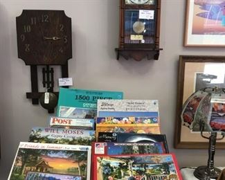 American mission clock (left). Korean wall clock (right) (SOLD). Jigsaw puzzles.