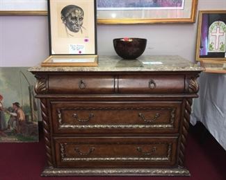Side buffet with marble top, approx 42.5"W x 31.5"H x 20"D. Tadeuz Kulisiewicz (Polish, 1899-1988), block cut portrait.
