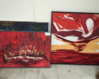 Two oil on canvas by Dave Walters, "Red, White, Yellow" (37.25"x37.25"); other 34.25"x25"