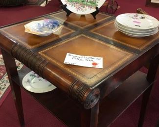Mahogany square table with leather top, 24"x24" '