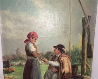 "Man and Woman in Landscape," oil on board by Richard Geiger (1870-1945, Austria/Hungary). Listed artist, studied at Academy of Fine Art in Vienna and Academie Julian in Paris.