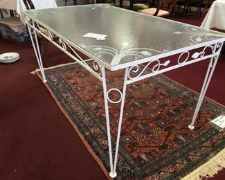 LeLu vintage wrought iron table (in white) with glass top, 5'x3'