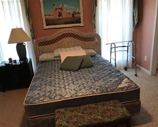 Queen-size wicker headboard with frame mattress and box springs