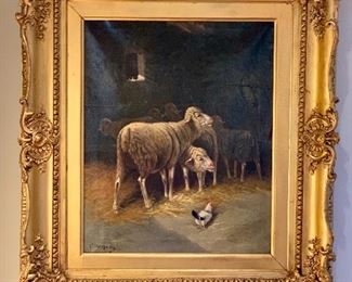 G. Manhart antique oil painting on canvas depicting sheep in a stable. Signed lower left.