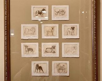 Framed collection of 10 whimsical miniature etchings of a variety of dogs -  by Michael O'Mara -