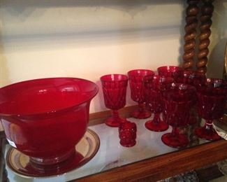 Red punch bowl; red glassware