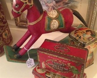 Rocking horse; vintage tins