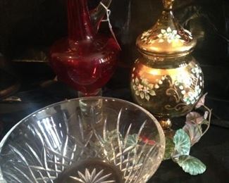 Red urn, gold lidded compote, another Waterford bowl