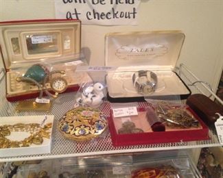 Pins, earrings, watches, and bracelets