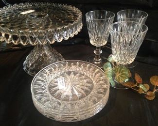 Cake plate; Hawkes "Mallory" stemware; Waterford plates