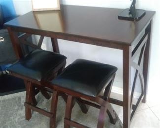 Wood desk with two matching bench seats