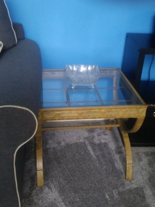 Pair of matching Blonde wood glass top end tables