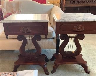 Available For Pre-Sell - Pair of Victorian Lyre Base Marble Top Tables - excellent condition