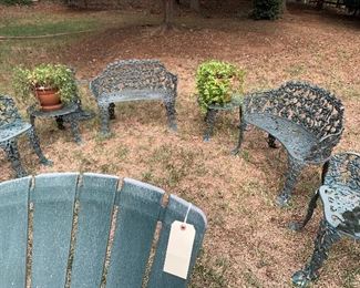 Vintage Cast Iron Patio set - pair of 2 seater benches, side chairs and benches ...ca