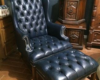 tufted leather chair and ottoman