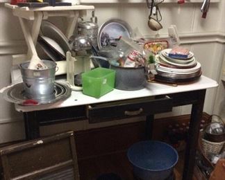 Enamel top table with vintage kitchen items