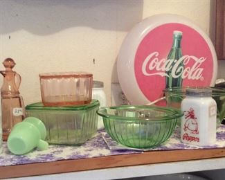 Pink and green depression glass, Jadeite measuring cups