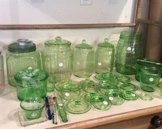 Green depression glass jars