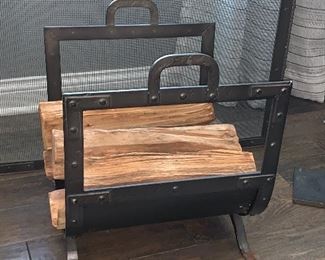  Restoration Hardware fireplace screen with matching firewood holder and fireplace tools. Only One year old 