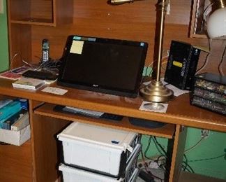 computer desk, computer, stacking trays, file storage