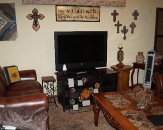 TV, stand, lift recliner, leather furniture