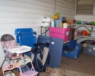 high chair, play pen, child cots, card table and chairs