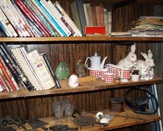 books, tea set, cast iron 