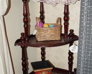 corner shelf, bunny, marble eggs, decor