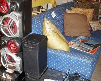 sleeper sofa, stereos, Peavey amplifier, microphone