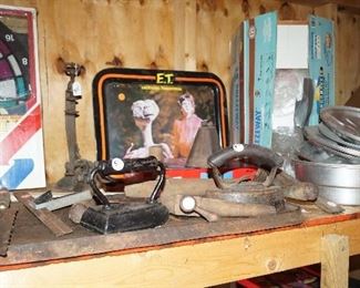 ET tray, sad irons, cast iron, primitive tools