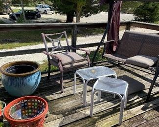 Large blue planter, swing with top and other patio furniture 