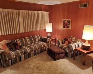 Vintage 8-foot sofa and matching chair; three end tables with vintage cork lamps