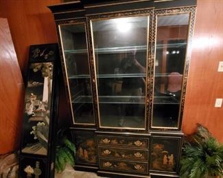 Black lacquer Asian china/curio cabinet and black lacquer Asian room divider/screen