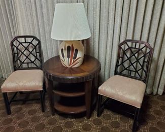 Black lacquer Asian chairs with beautifully upholstered seats; lovely occasional table and vintage lamp