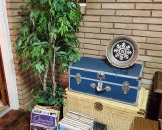 Vintage vinyl - LPs; rattan trunk and blue footlocker