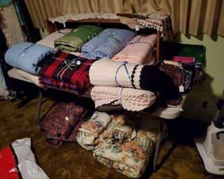 Afghans, blankets, various linens and textiles, handmade doilies