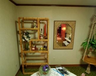 Rattan bookcase/room divider (SOLD), rattan-framed mirror
