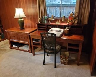 Solid, heavy cherry tone desk w/hutch and matching file cabinet